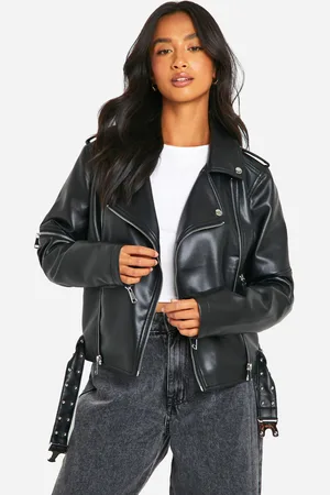 Boohoo Womens Petite Belt Detail Faux Leather Biker Jacket - - 8