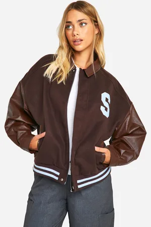 Boohoo Womens Oversized Faux Leather Sleeve Bomber Jacket - - 8