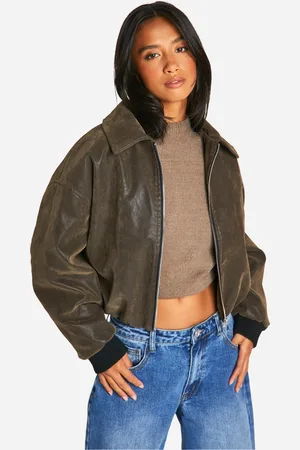 Boohoo Womens Petite Vintage Look Faux Leather Bomber Jacket - - 6