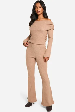Boohoo Womens Petite Brushed Rib Foldover Flare Trouser - - 6