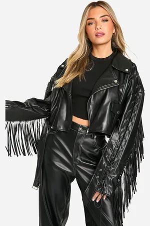Boohoo Womens Fringe Detail Belted Faux Leather Biker Jacket - - 8