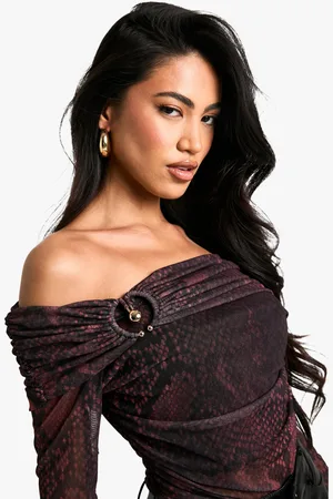 Boohoo Womens Printed Mesh Trim Detail Bardot Top - - 6