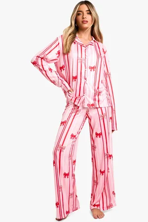 Boohoo Womens Bow Print Soft Peach Long Sleeve Shirt And Trouser Pjs - - 10