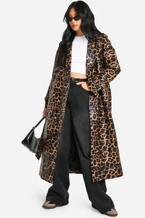 Boohoo Womens Petite Leopard Faux Leather Trench Coat - - 6