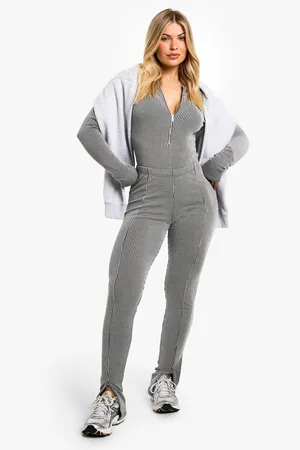 Boohoo Womens Rib Zip Front Long Sleeve Bodysuit And Split Hem Legging Set - - 14