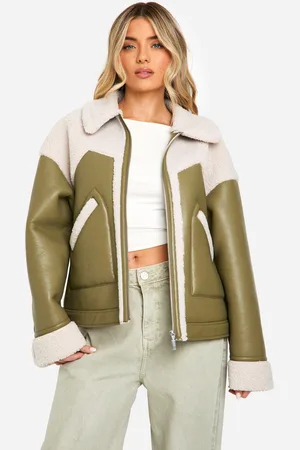 Boohoo Womens Faux Leather Teddy Trim Aviator Jacket - - 8