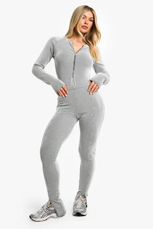 Boohoo Womens Rib Zip Front Long Sleeve Bodysuit And Split Hem Legging Set - - 10
