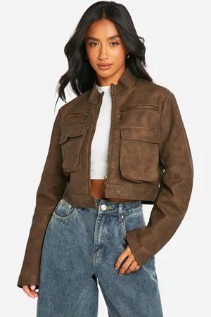 Boohoo Womens Petite Cropped Pocket Detail Faux Leather Biker Jacket - - 6