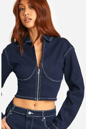 Boohoo Womens Cup Detail Contrast Stitch Raw Indigo Denim Corset Jacket - - 14