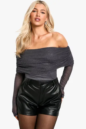 Boohoo Womens Glitter Mesh Bardot Ruched Bodysuit - - 6