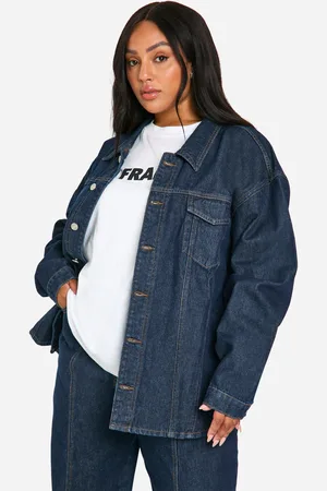 Boohoo Womens Plus Oversized Contrast Stitch Raw Indigo Denim Jacket - - 16