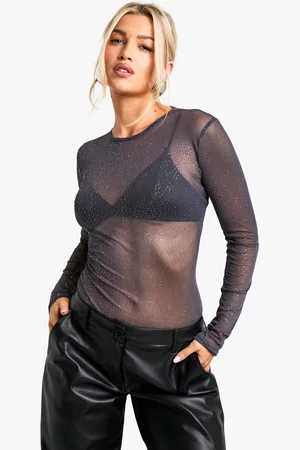 Boohoo Womens Glitter Mesh Long Sleeve Bodysuit - - 6