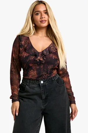Boohoo Womens Plus Mesh Ruffle Long Sleeve Top - - 22
