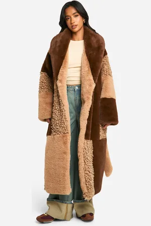 Boohoo Womens Petite Patchwork Faux Fur Belted Coat - - 6
