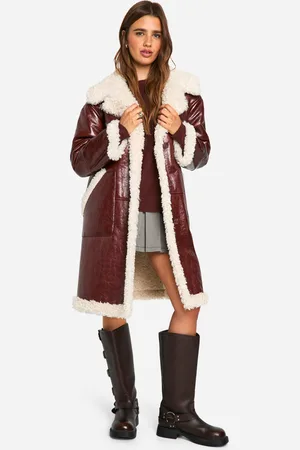 Boohoo Womens Faux Leather Teddy Trim Longline Aviator Jacket - - 8