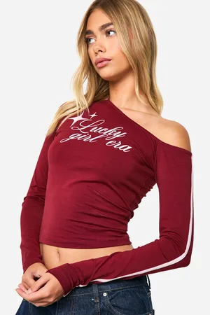 Boohoo Womens Off Shoulder Stripe Sleeve Top With Print - - 8