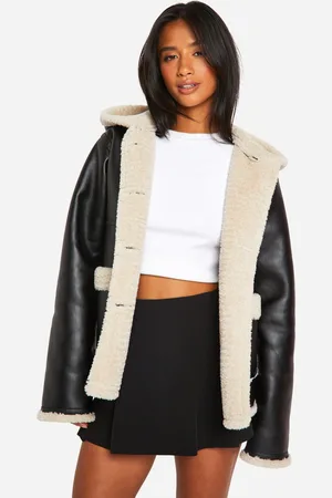 Boohoo Womens Petite Borg Lined Faux Leather Hooded Coat - - 6