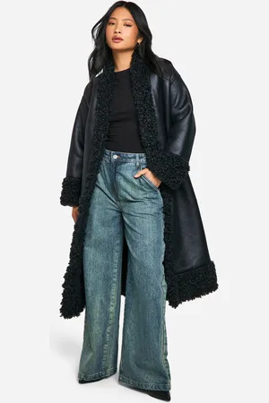 Boohoo Womens Petite Teddy Trim Belted Faux Leather Coat - - 8