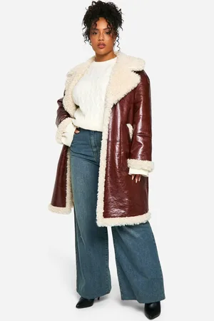 Boohoo Womens Plus Faux Leather Teddy Trim Longline Aviator Jacket - - 16