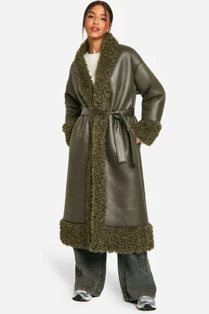 Boohoo Womens Teddy Trim Belted Faux Leather Coat - - 8