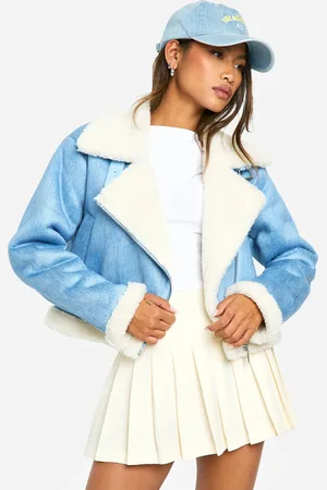 Boohoo Womens Denim Look Cropped Aviator Jacket - - 8