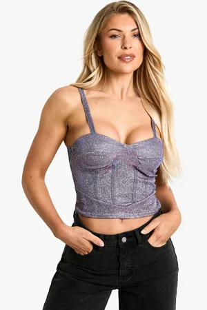 Boohoo Womens Glitter Square Neck Corset Detail Top - - 10