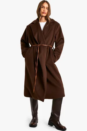 Boohoo Womens Faux Leather Belt Wool Look Coat - - 10