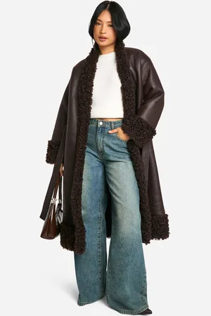Boohoo Womens Petite Teddy Trim Belted Faux Leather Coat - - 6
