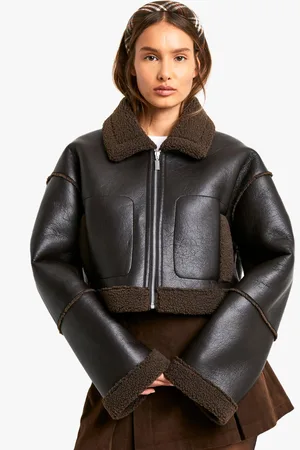 Boohoo Womens Teddy Trim Faux Leather Jacket - - 14