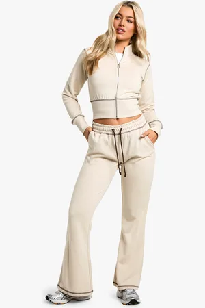 Boohoo Womens Contrast Stitch Shrunken Top And Flared Jogger Tracksuit - - S