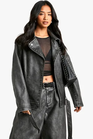Boohoo Womens Petite Oversized Vintage Faux Leather Biker Jacket - - 10