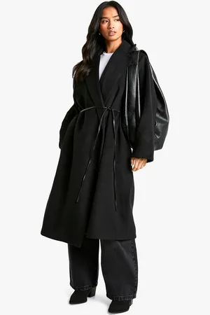 Boohoo Womens Petite Faux Leather Belt Wool Look Coat - - 6