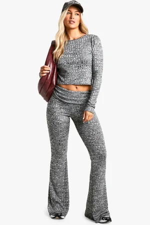 Boohoo Womens Marl Rib Long Sleeve Crop Top And Flare Trouser Set - - 6