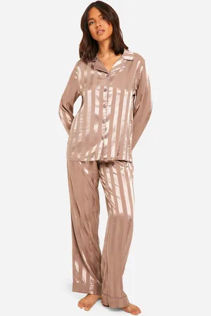 Boohoo Womens Jacquard Stripe Satin Trouser Pj Shirt Set - - 6