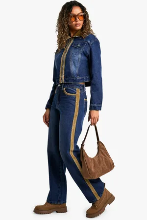 Boohoo Womens Cord Trim Detail Straight Leg Denim Jean - - 6