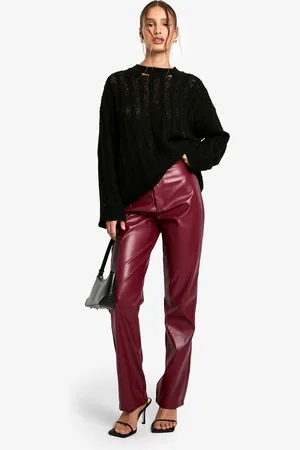 Boohoo Womens Burgundy Faux Leather High Waisted Straight Leg Trouser - - S