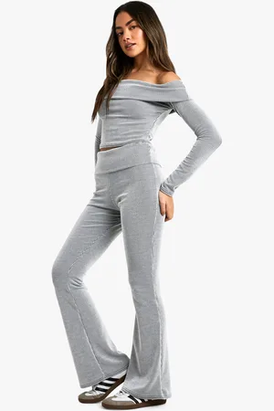 Boohoo Womens Two Tone Rib Bardot Top And Trouser Set - - 10