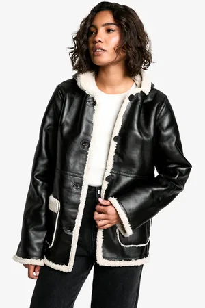 Boohoo Womens Tall Borg Lined Faux Leather Hooded Coat - - 6