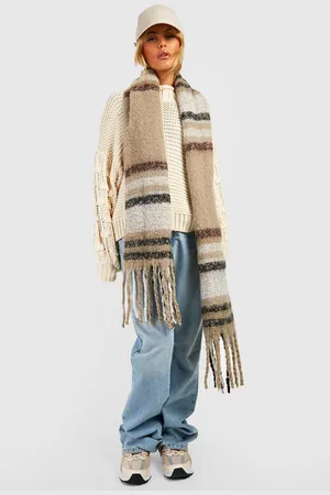 Boohoo Womens Chunky Brown & Black Check Tassel Scarf - - One Size