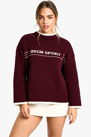 Boohoo Womens Petite Dsgn Sport Contrast Trim Oversized Knitted Jumper - - S