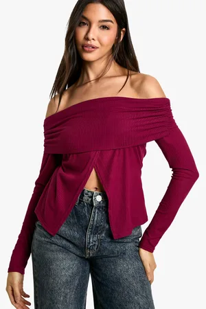 Boohoo Womens Soft Rib Bardot Top With Split Hem - - 6