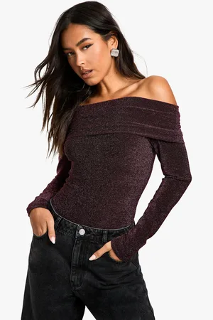 Boohoo Womens Glitter Fold Over Bardot Bodysuit - - 6