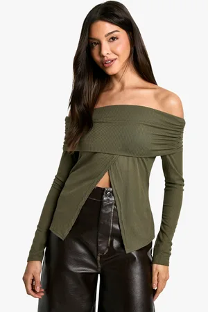 Boohoo Womens Soft Rib Bardot Top With Split Hem - - 6