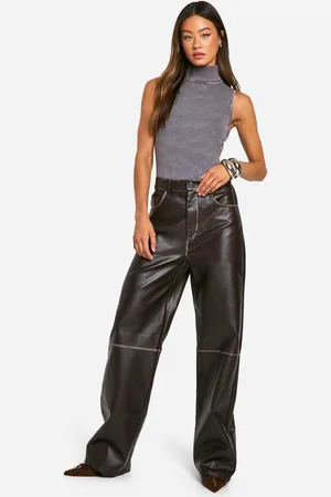 Boohoo Womens Tall Vintage Wash Faux Leather Wide Leg Trousers - - 8