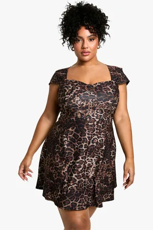 Boohoo Womens Plus Bengaline Leopard Cap Sleeve Skater Dress - - 16