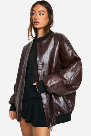 Boohoo Womens Tall Cracked Faux Leather Oversized Bomber Jacket - - 14