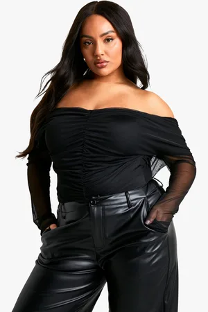 Boohoo Womens Plus Ruched Front Bardot Long Sleeve Top - - 28