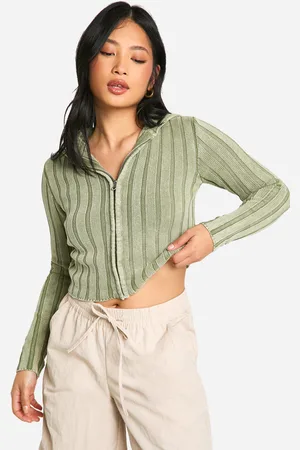 Boohoo Womens Petite Acid Wash Off The Shoulder Chunky Rib Knit Zip Cardigan - - S