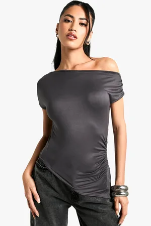 Boohoo Womens Supersoft Drape Off Shoulder Ruched Top - - 6
