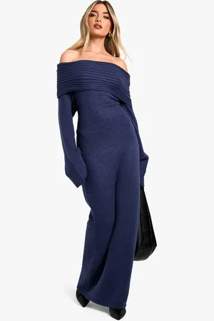 Boohoo Womens Premium Oversized Rib Bardot Neckline Soft Knit Jumper Dress - - S